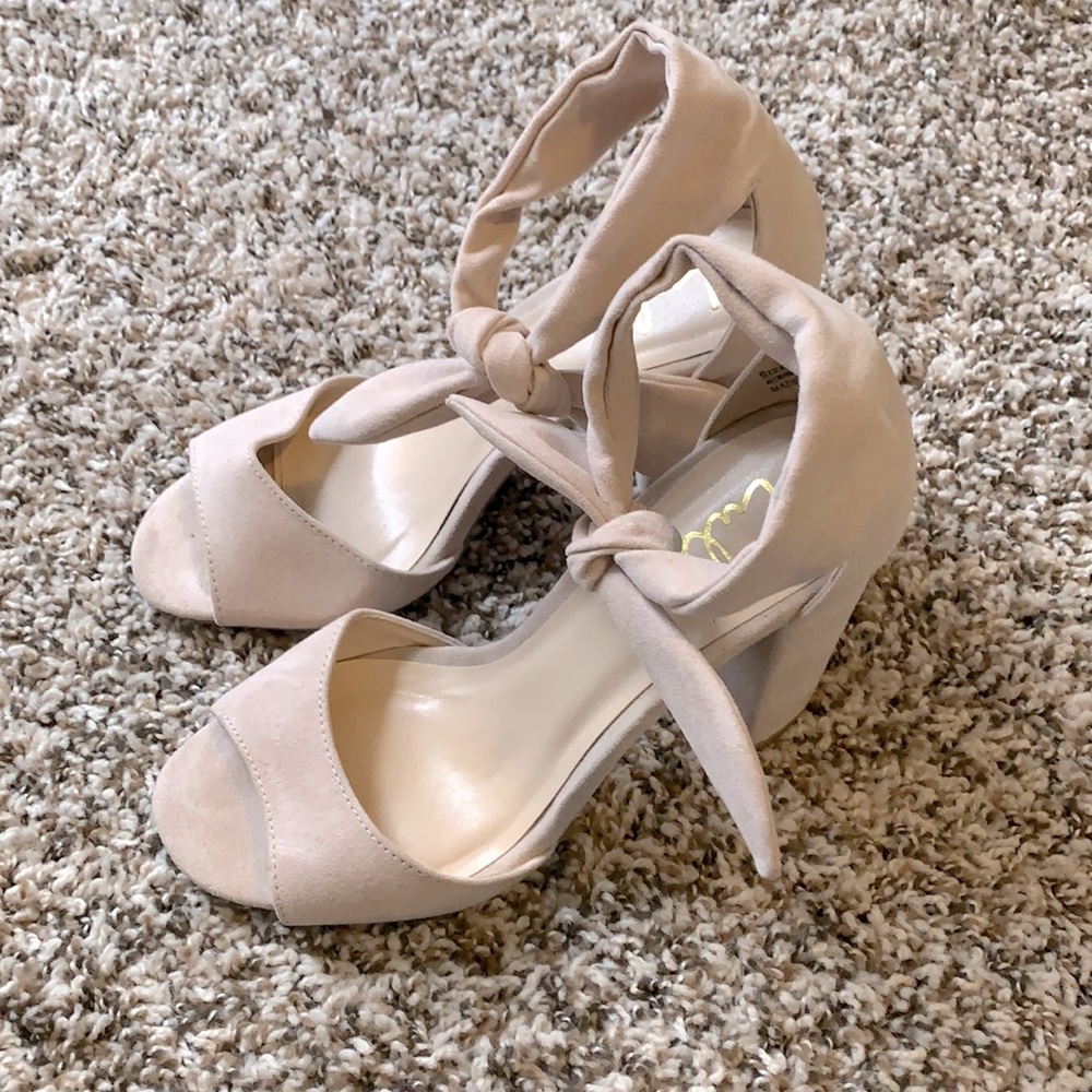 Pale pink tie front block heels